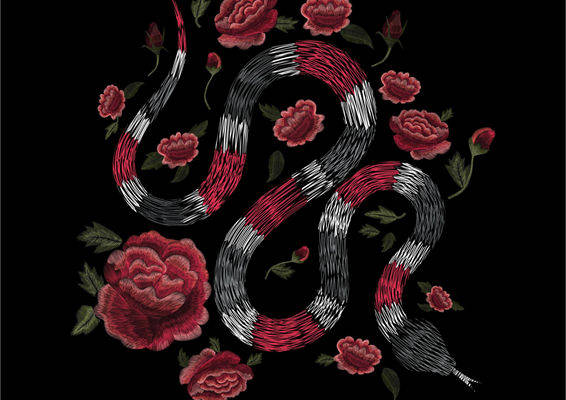 优雅红玫瑰与蛇形裁片印花服装，展现独特风格