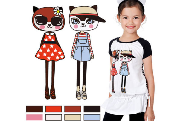 时尚儿童服装印花：可爱卡通猫咪裁片印花T恤