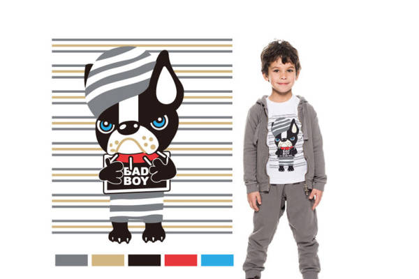 时尚儿童服装印花:可爱坏小子狗狗裁片印花设计