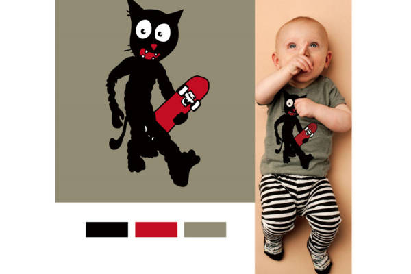 时尚可爱的滑板猫裁片印花儿童服装印花设计