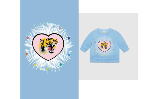 时尚儿童服装印花:勇敢老虎心形图案裁片印花