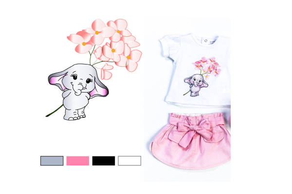 可爱小象与樱花裁片印花儿童服装，春日里的甜美选择