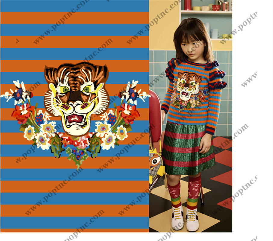 儿童时尚新潮流:老虎头裁片印花服装印花设计