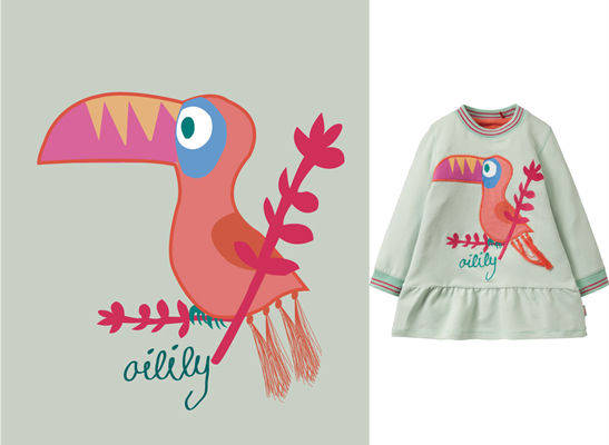 童趣盎然的粉色巨嘴鸟裁片印花儿童服装