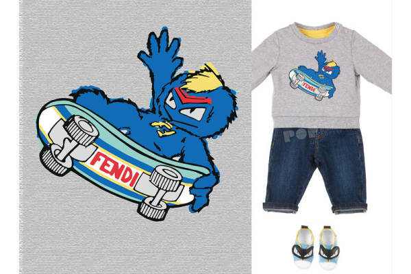 时尚儿童服装印花：蓝色卡通熊与FENDI滑板裁片印花
