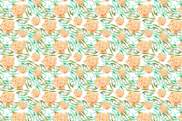 清新自然风格服装印花：橙黄色花朵与绿叶交织的面料印花设计