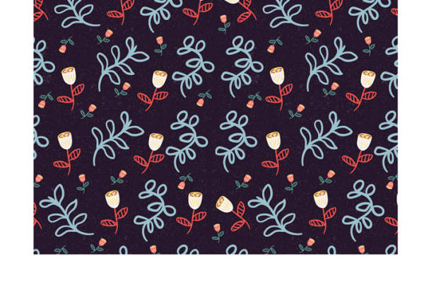 深蓝色背景上的花卉与昆虫图案服装印花面料