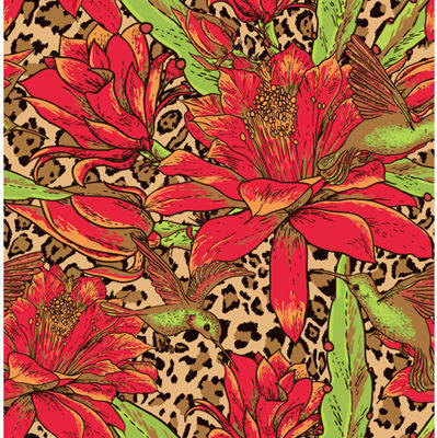 时尚豹纹背景上的鲜艳花卉服装印花面料