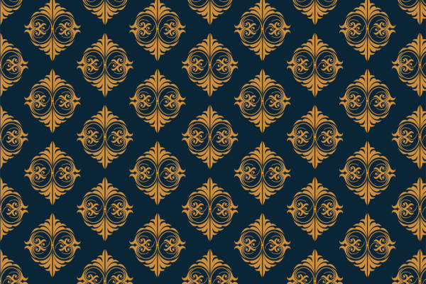 深蓝色背景上的金色复古花纹服装印花面料