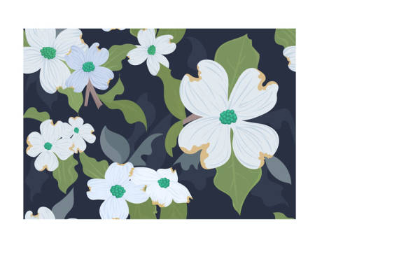 优雅深蓝背景上的白色花朵服装印花面料设计