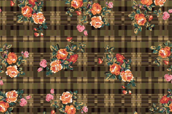 复古风格花卉与格子图案服装印花面料