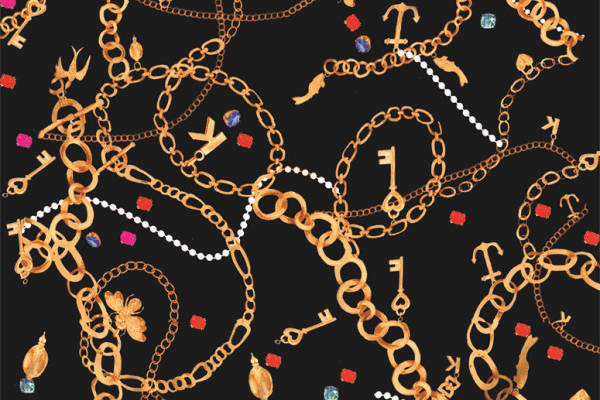 时尚金色链条与彩色宝石服装印花设计