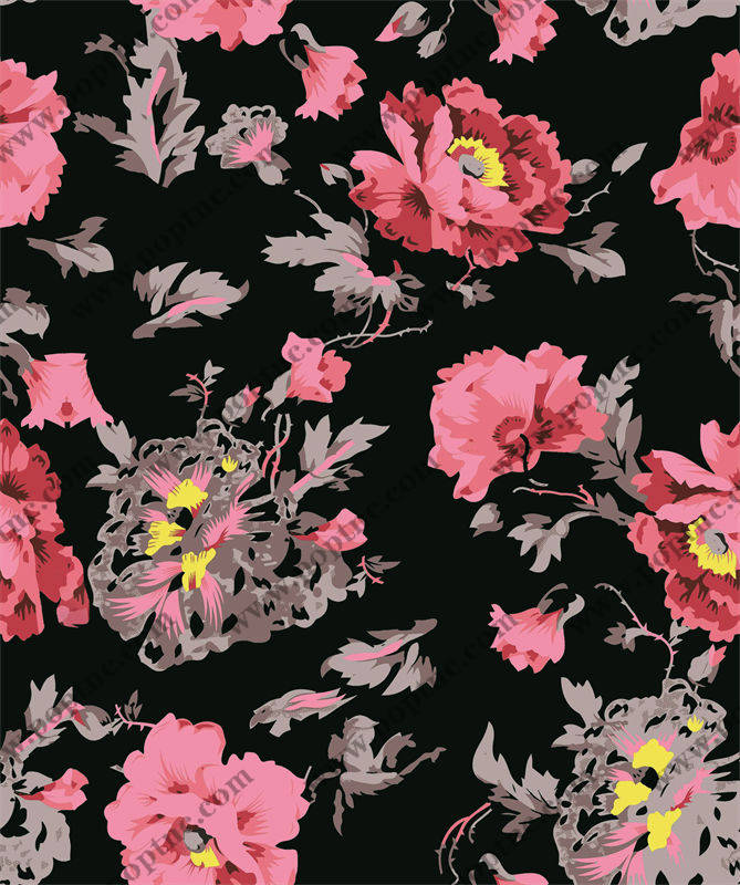 优雅黑色背景上的粉色花卉服装印花设计