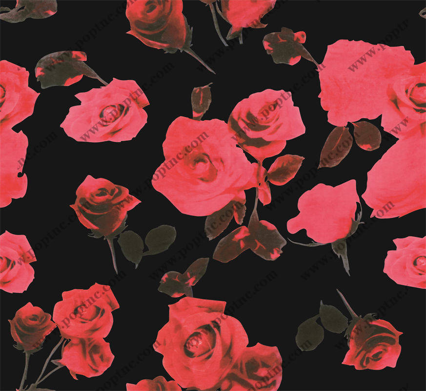 优雅黑色背景上的红色玫瑰服装印花面料设计