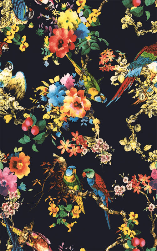 绚丽多彩的鸟类与花卉图案服装印花面料