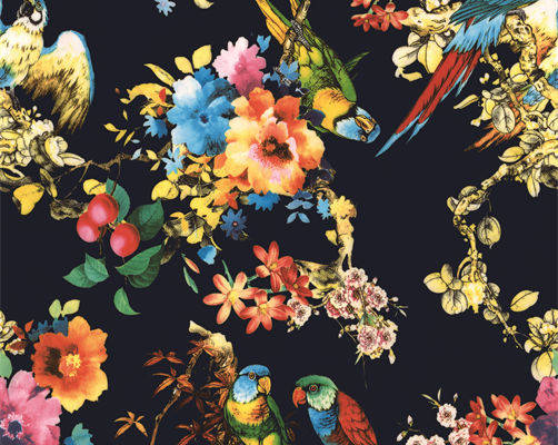 绚丽多彩的鸟类与花卉图案服装印花面料
