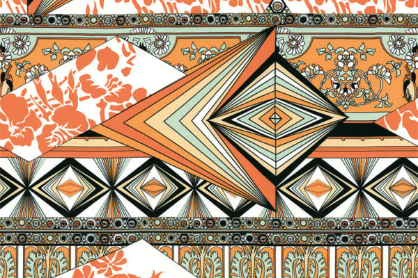 复古风格花卉与几何图案服装印花面料设计