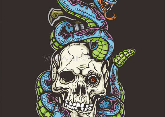 神秘骷髅与蛇缠绕的裁片印花服装印花设计