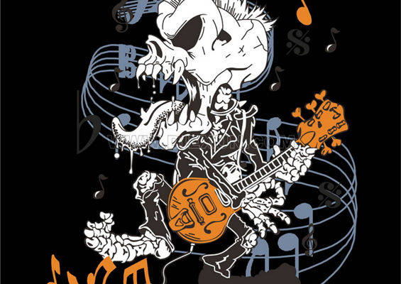 摇滚风格骷髅吉他手裁片印花服装印花设计