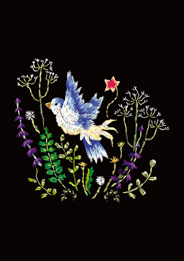 自然之美：蓝白花卉与飞鸟裁片印花服装印花设计