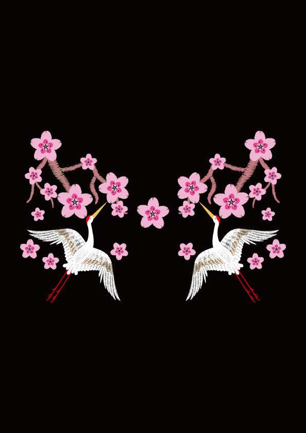 优雅白鹤与樱花裁片印花服装，展现东方古典之美