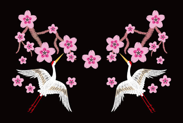 优雅白鹤与樱花裁片印花服装,展现东方古典之美