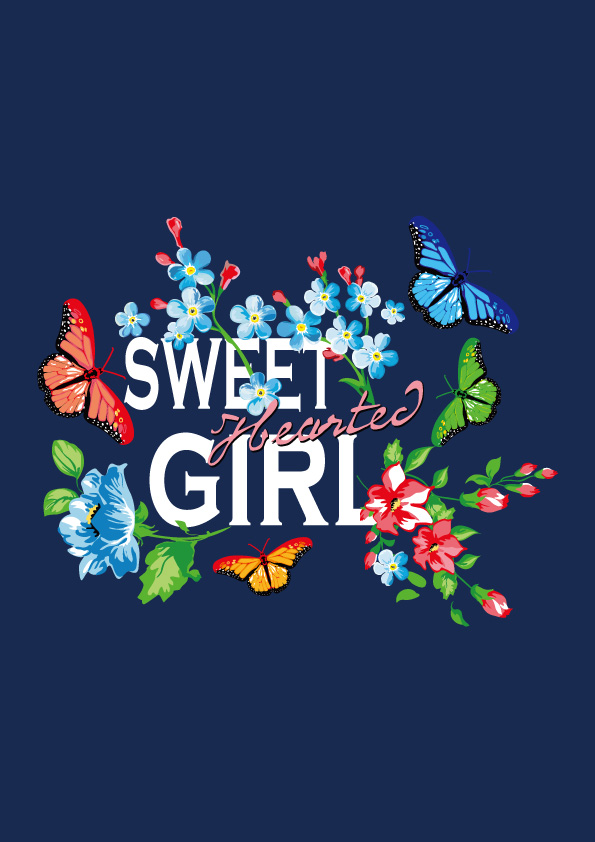 甜美女孩的花卉蝴蝶裁片印花服装设计