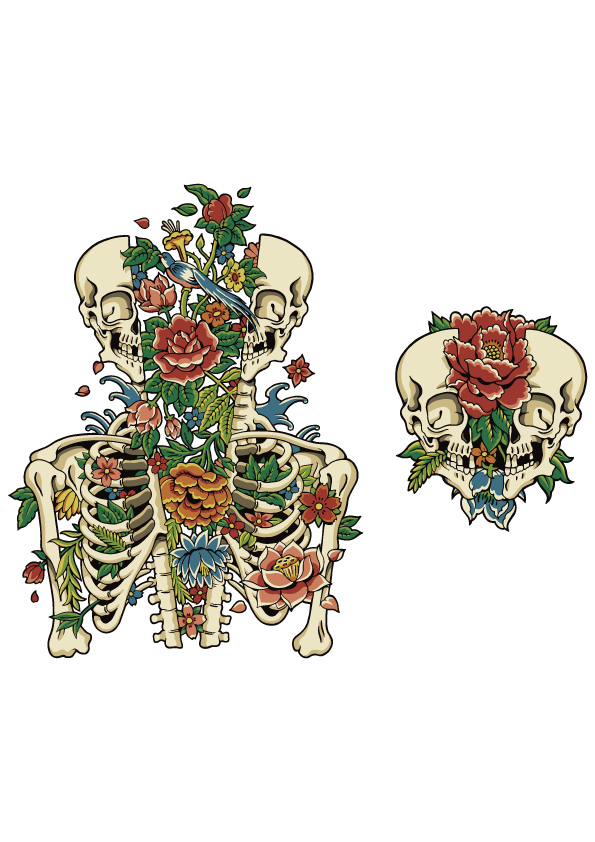 骷髅与花卉交织的裁片印花服装，展现独特个性