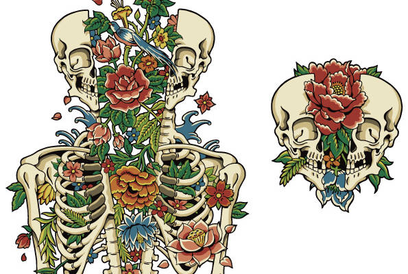 骷髅与花卉交织的裁片印花服装,展现独特个性