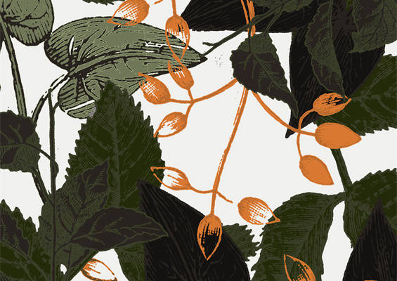 自然风服装印花设计：深绿与橙色的秋日交响曲