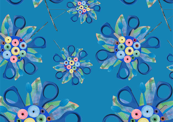 梦幻蓝底多彩抽象花朵服装印花面料设计