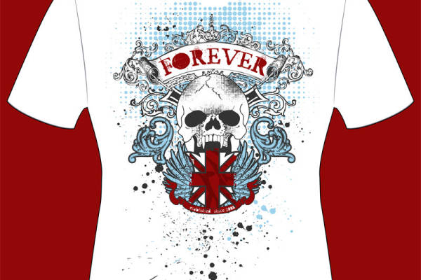 永恒经典：骷髅头与翅膀图案的服装印花T恤