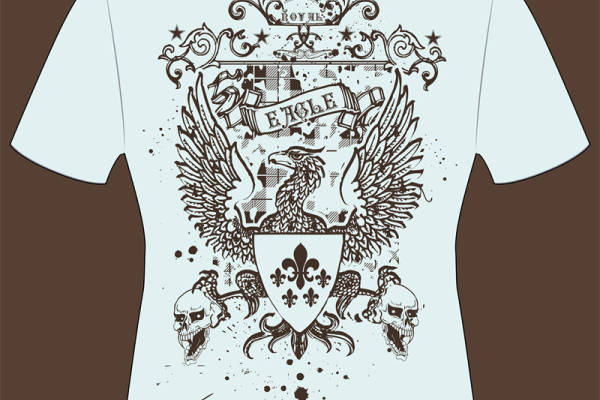 复古风格白色T恤上的服装印花:鹰与骷髅的神秘图案