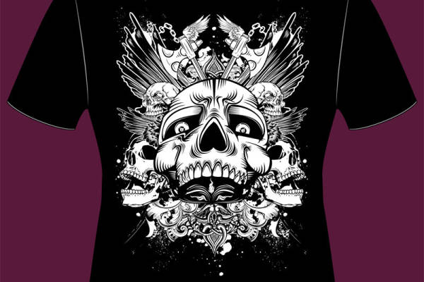 神秘骷髅头与翅膀图案面料印花服装印花T恤设计