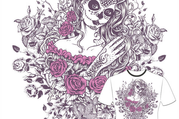 神秘花卉骷髅图案服装印花设计,展现独特个性