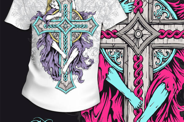 唯美梦幻风格服装印花:神秘女性与十字架图案