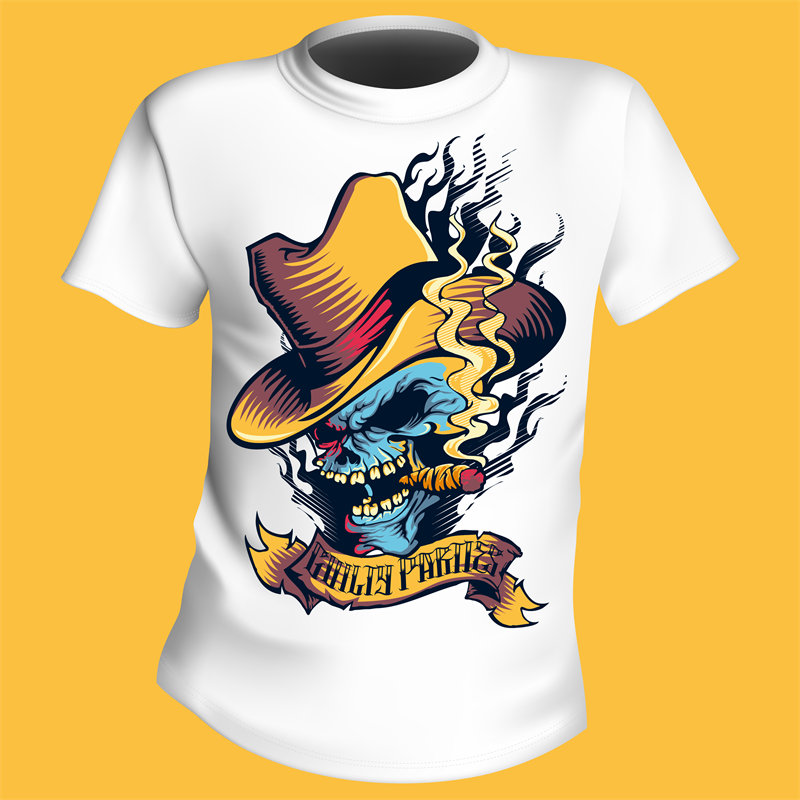 独特骷髅头牛仔帽服装印花，展现个性魅力
