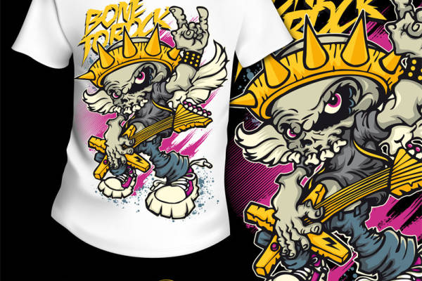 摇滚风格骷髅皇冠吉他服装印花T恤，展现个性与激情