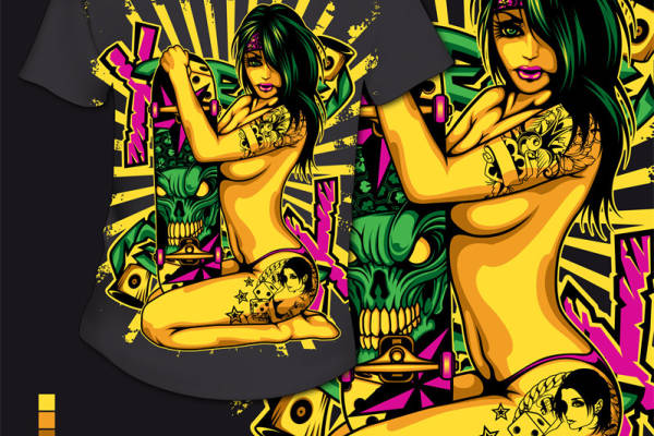 炫酷街头风格服装印花：个性女孩与骷髅图案T恤