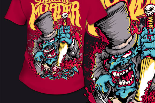 恐怖主题面料印花服装:'预定谋杀'创意T恤设计