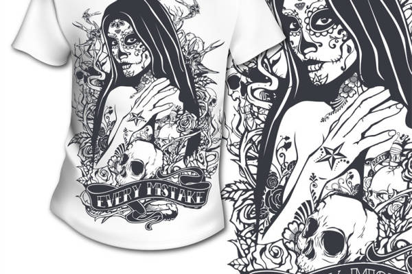 哥特风格骷髅与玫瑰图案服装印花设计