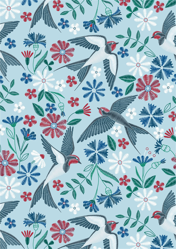 春意盎然的花卉与飞鸟图案服装印花面料