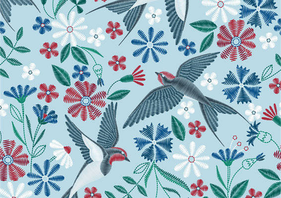 春意盎然的花卉与飞鸟图案服装印花面料