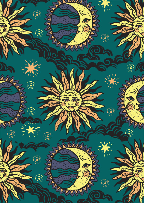 神秘宇宙主题服装印花：太阳月亮星辰图案面料印花