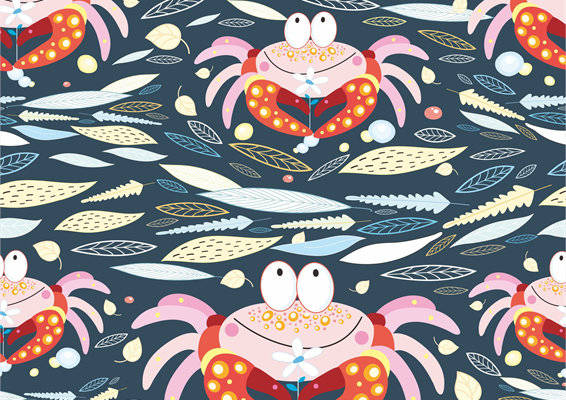 探索海洋奥秘：可爱卡通螃蟹图案服装印花面料