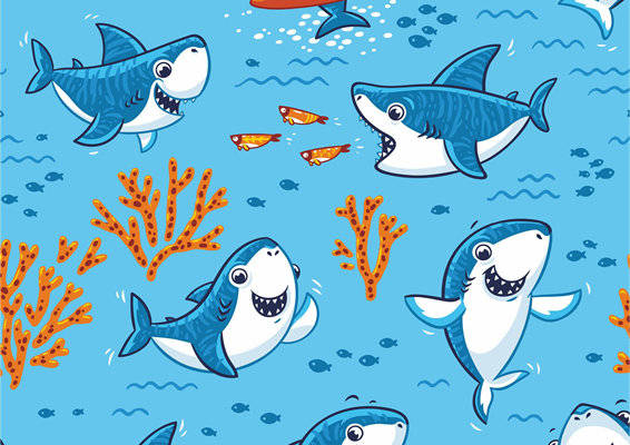 夏日海洋风格服装印花:鲨鱼冲浪与珊瑚礁的奇妙组合