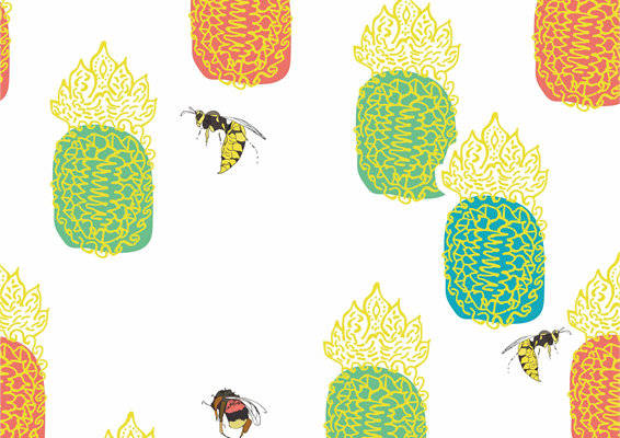 夏日清新菠萝与蜜蜂图案服装印花面料