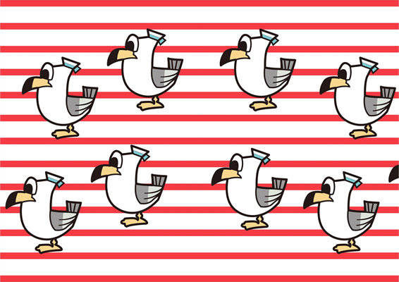 时尚红白条纹背景上的可爱卡通海鸥服装印花