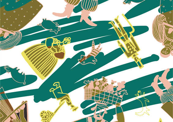 复古风格服装印花设计：舞动的绿色与金色