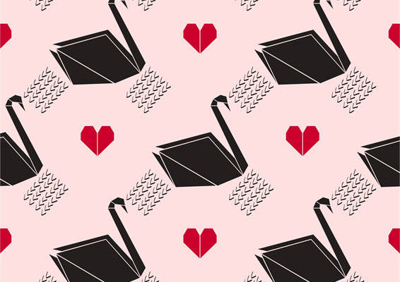 优雅黑天鹅与红心交织的面料印花服装设计